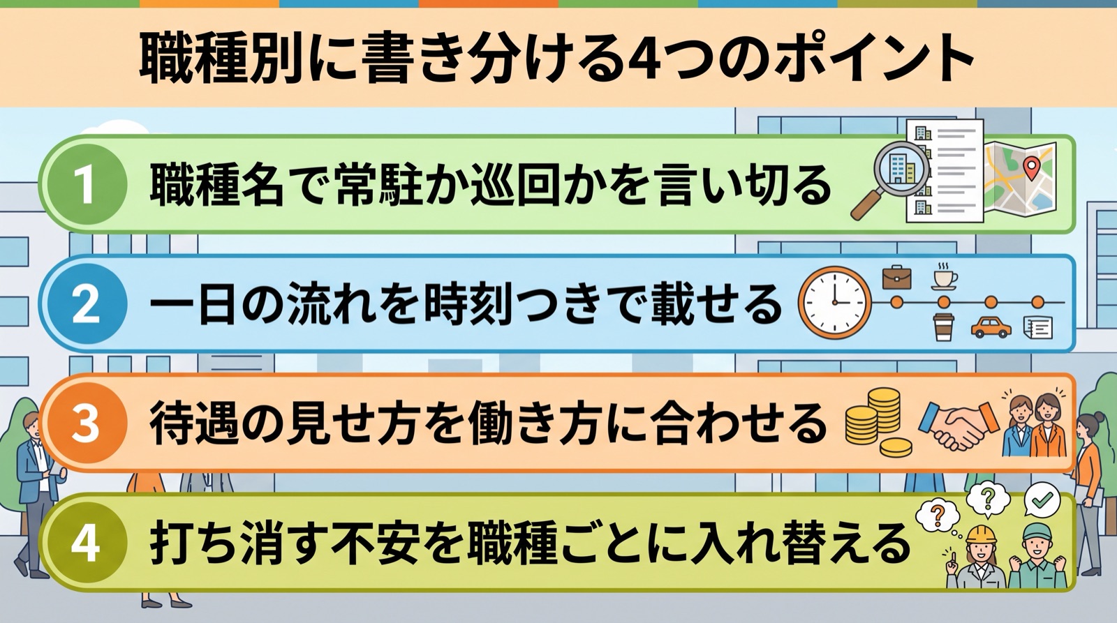 常駐ビルメン 巡回ビルメン 違い｜求人原稿を書き分ける4つのポイント